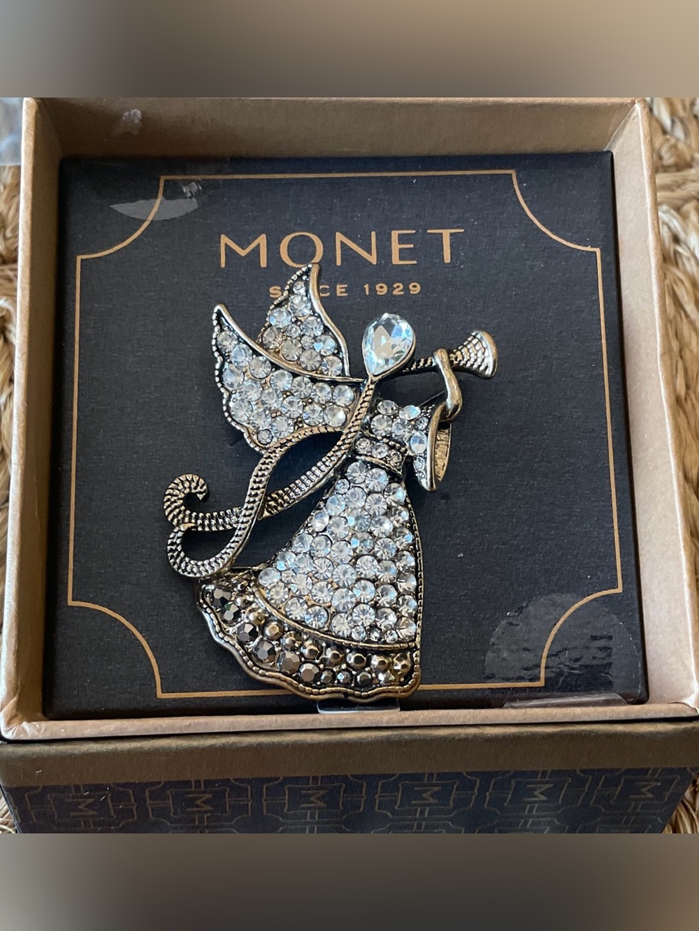 Monet Silver-Tone Angel Brooch with Clear Crystals